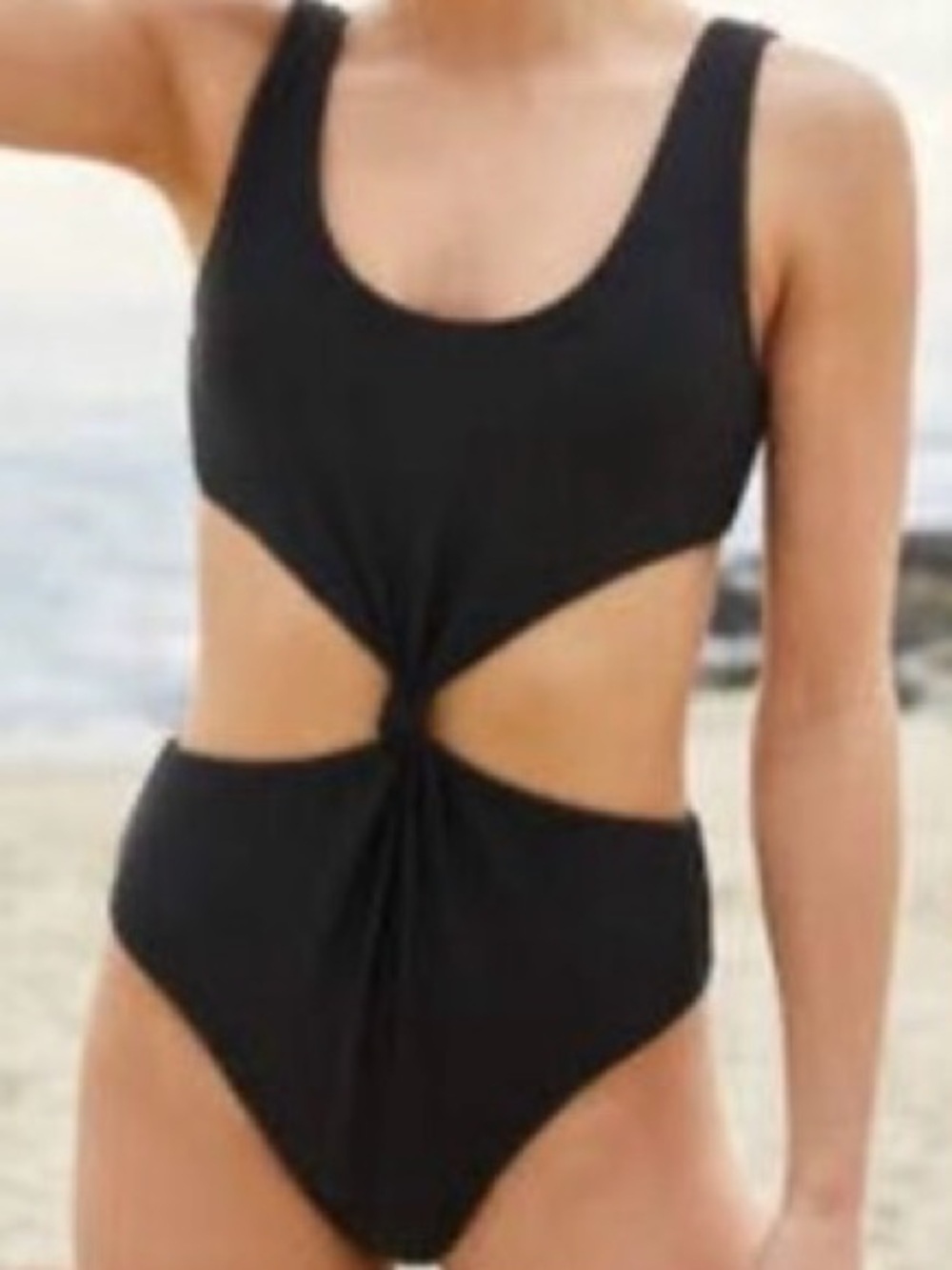 L.A. HEARTS Black Ribbed One-Piece Swimsuit with Front Knot. Size M